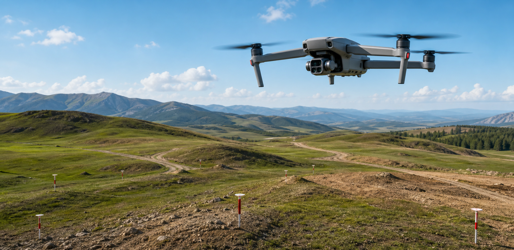 Dron profesional realizando un levantamiento topográfico sobre el terreno, con puntos de control en tierra