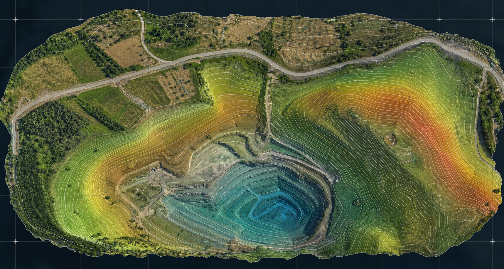 Ortomosaico georreferenciado con modelo digital del terreno y curvas de nivel a color generado con dron